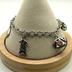 Silver Tone Whimsical Charm Bracelet Phone Pizza PJs Mud Mask Slipper Sleepover